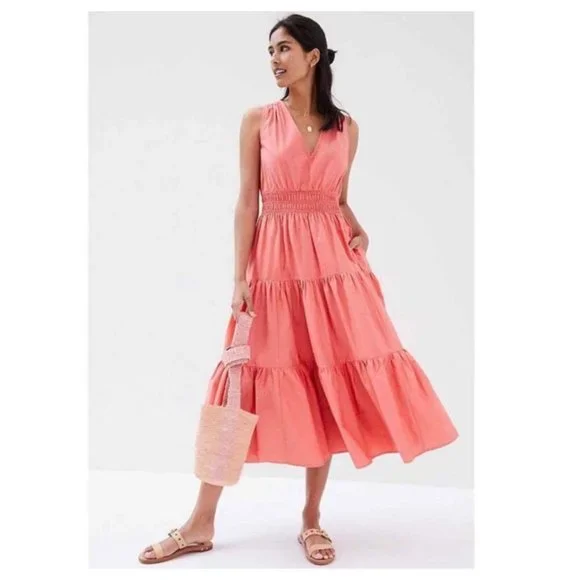 Anthropologie | Dresses | Anthropologie Maeve Coral Tiered Sleeveless Maxi  Dress | Poshmark